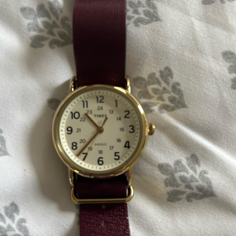 Timex Gold Case with Burgundy Strap Watch